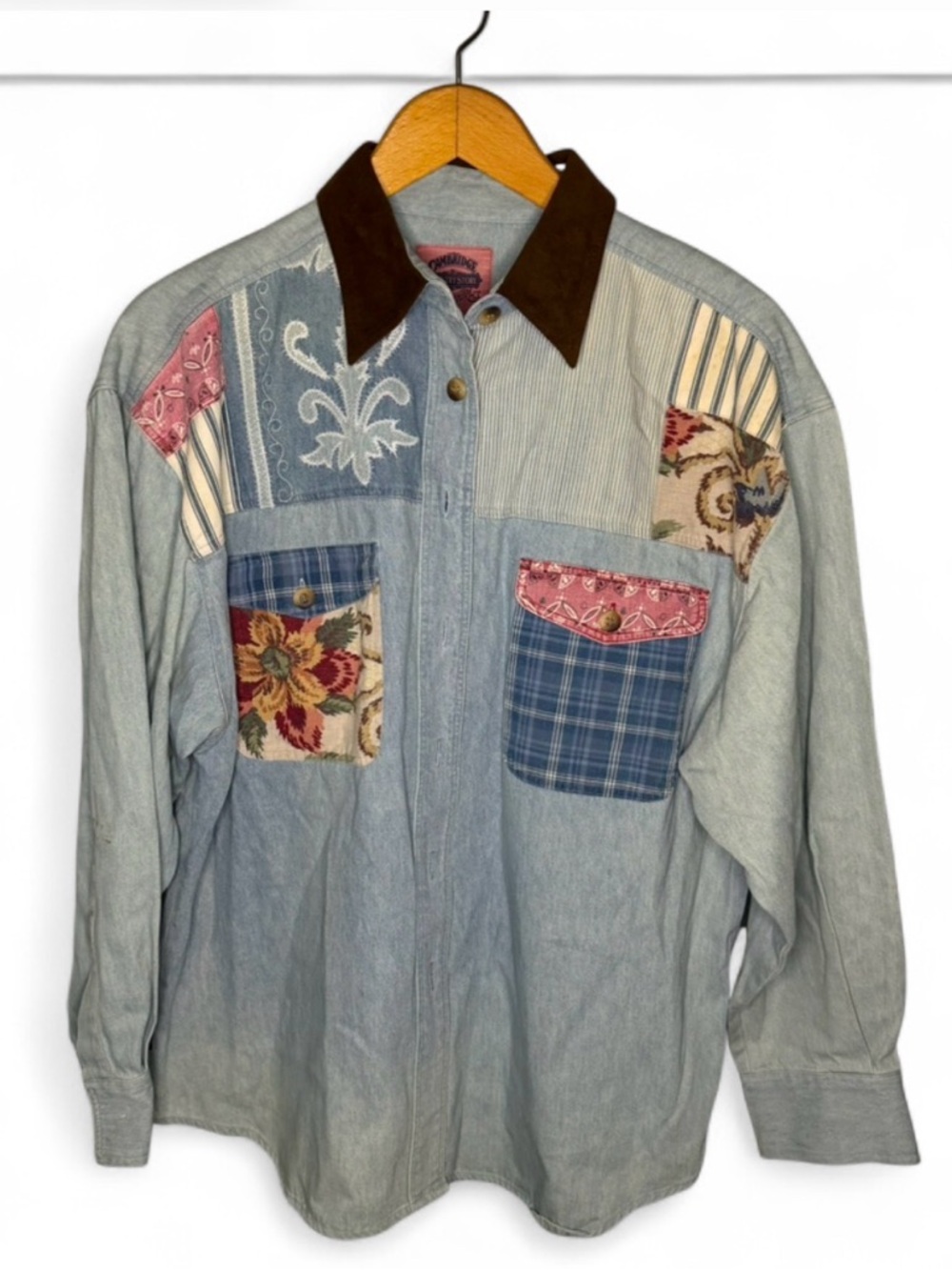 Vintage Patchwork Denim Shirt w/ Suede Collar 🤍 Boho Western‎